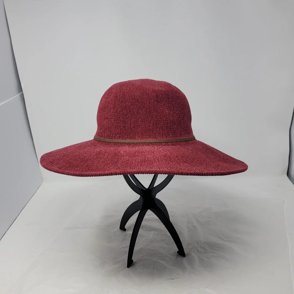 Maroon Burgundy Wide-brim Floppy Hat Knit Faux Leather Band Adjustable‎ Boho